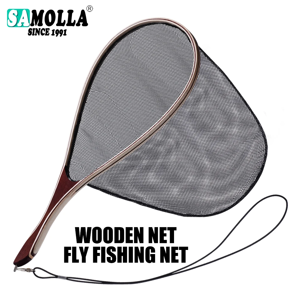 

Large Fly Fishing Wooden Handle Fishing Net Tackle Rubber Coating Trout Landing Net Bass Pike Tools Catch and Release