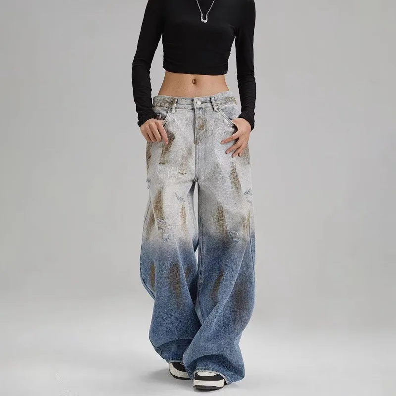 Dirty Dyed Blue Wide Leg Pants Retro Gradient Color Casual High Street Loose Denim Pants Korean Fashion Y2k Jeans Streetwear