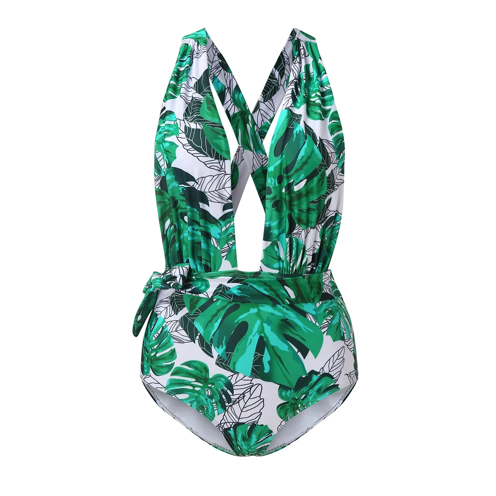 Woman Tankini Swimsuit Floral Print & Monstera Leaf Pattern Deep V Neck High Waist Bathing Suit with Side Tie Detail Green And