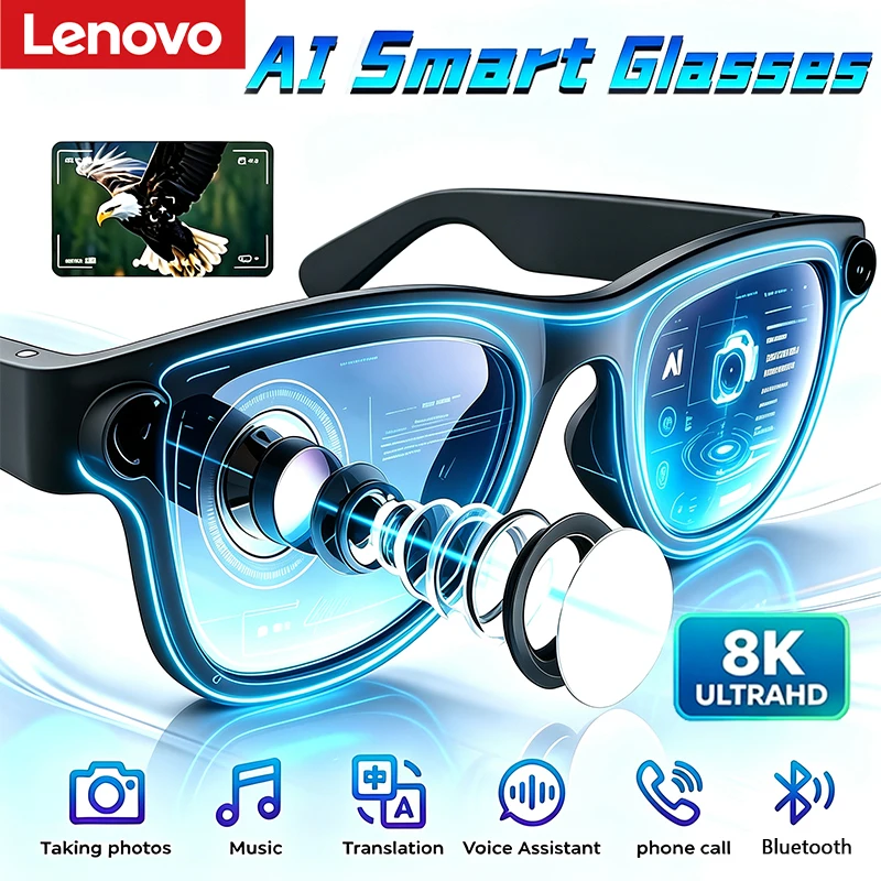 Óculos Inteligentes Lenovo 8K HD com IA, Tradução por IA, Chamadas Mãos-Livres, Registro de Conversas com IA, Reprodução de Música, Óculos de Sol Inteligentes para Homens