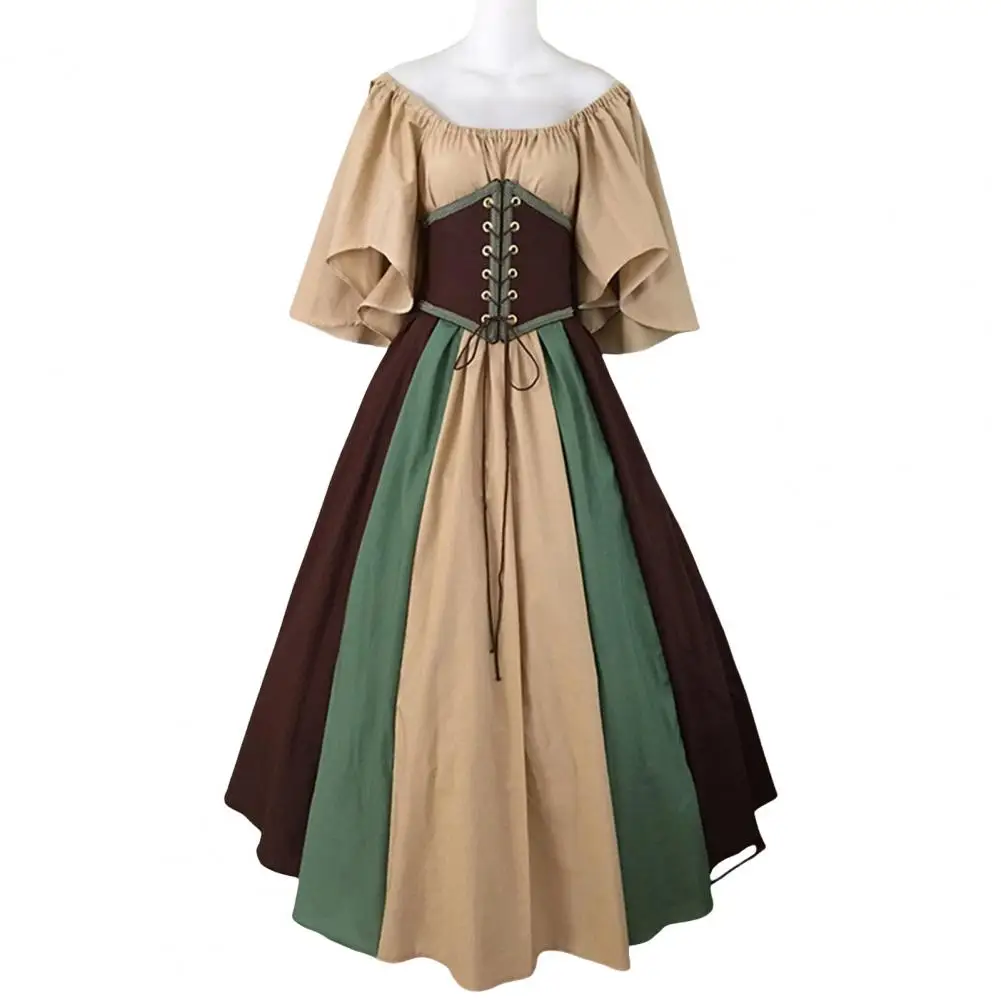 Vestido Midi retrô medieval feminino, gótico, cor de contraste, mangas voadoras, cintura com cordões, saia giratória, vestido de coquetel