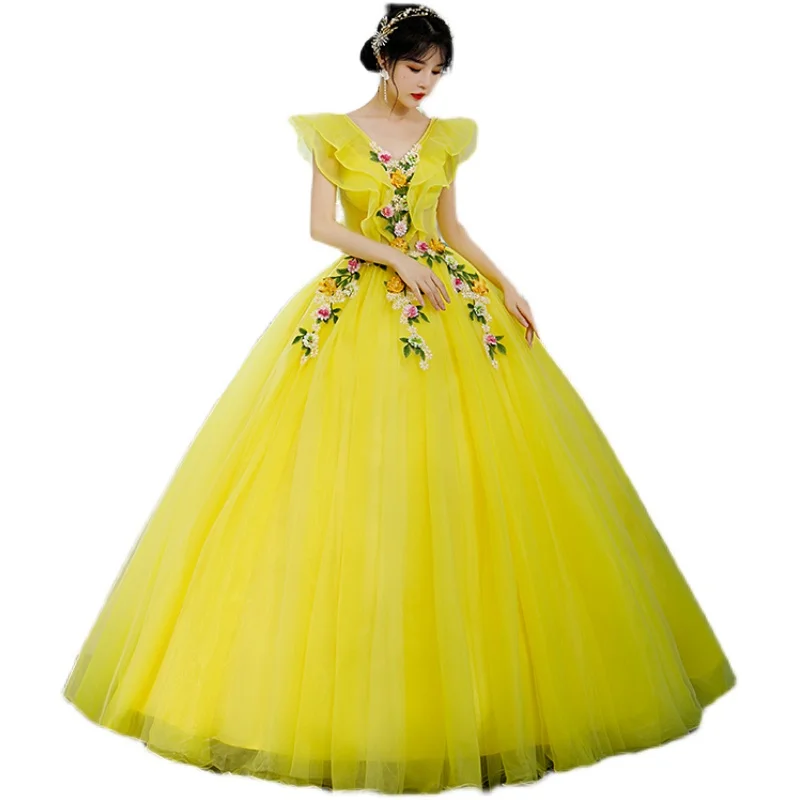 yellow fairy theme dress Quinceanera fairy flower vine ball gown dress long vintage medieval Renaissance princess Victoria/party