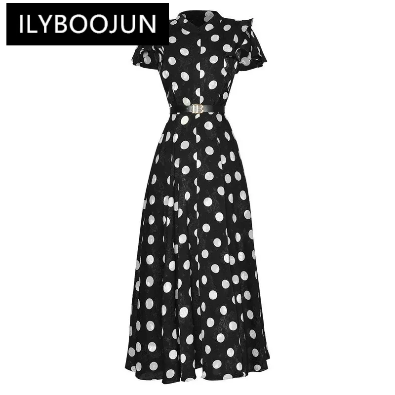 

ILYBOOJUN Fashion Designer Summer Women's Dress Embroidery Dot Print Butterfly Sleeve Sashes Chiffon Single Breasted Dresses