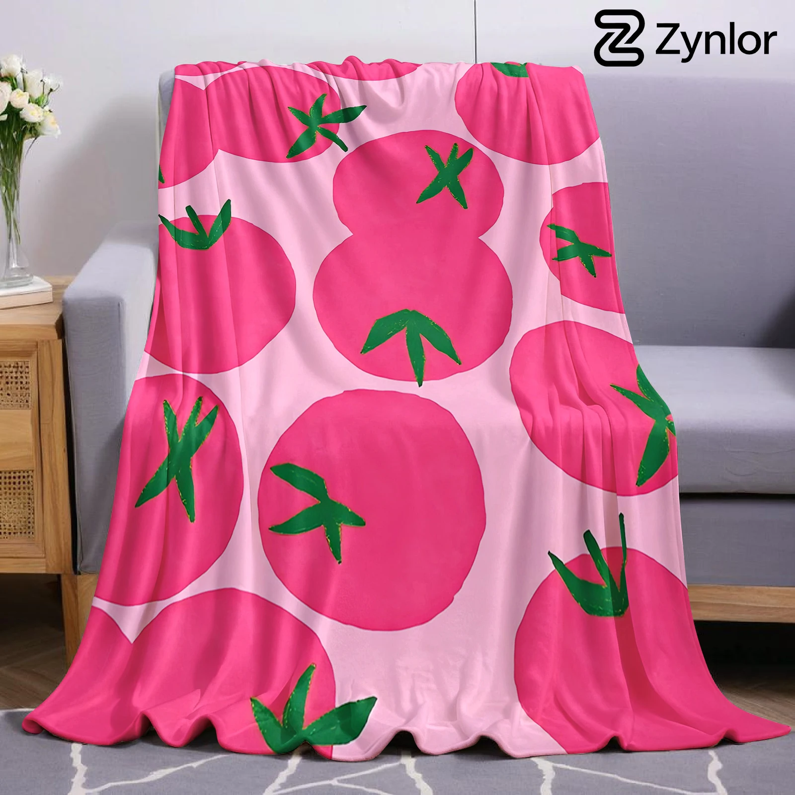 Pink Tomato Fruit Cartoon Anime Print Flannel Blanket Soft Warm Throw for Kids Bedroom Sofa Bed Christmas Office Car