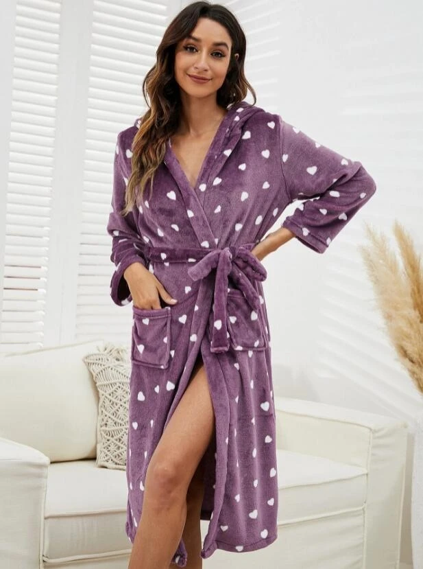 Women Heart Print Flannel Bathrobe Hooded Wrap Robe With Belt Pockets Spring Autumn Winter Warm Fleece Loungewear Sleepwear Nigh