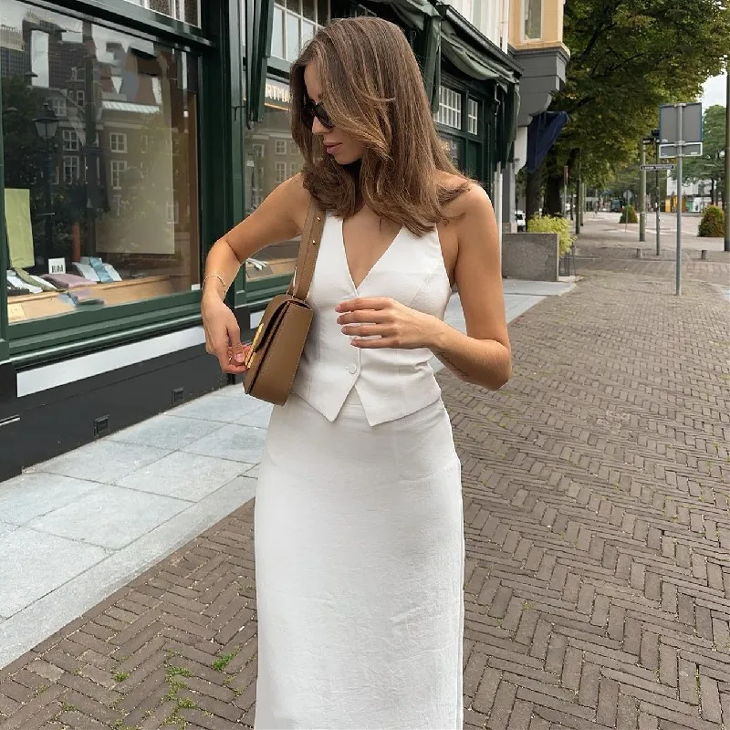 Women Vest Skirt Sets Female Khaki Long Blazer Vest V Neck Sleeveless Slim Top+Elegant High Waist A Line Skirt Suit