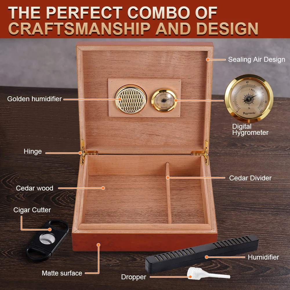 Cedar Wooden Humidor Cigar Box Travel 20Count Cigar Humidor Case Portable Smoking Accessories Storage With Humidifier Hygrometer
