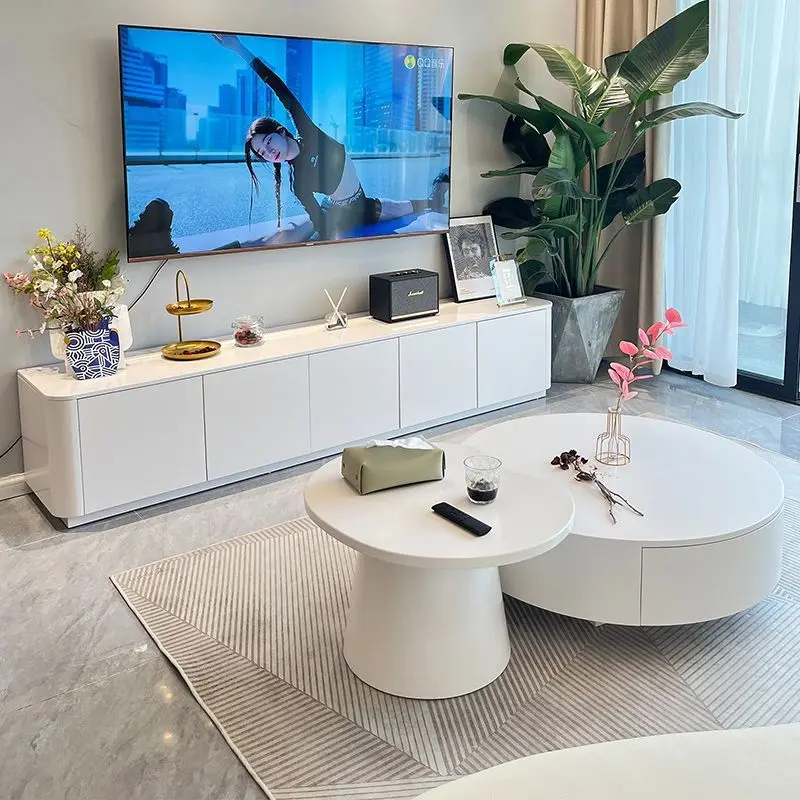 

Floor TV cabinet coffee table combination all solid wood modern simple white rock slab cream wind TV cabinet small apartment
