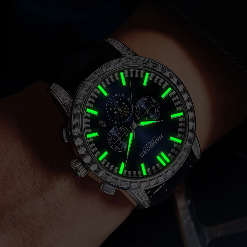 HANBORO Men Luxury Watch 43.5mm Automatic Mechanical Wristwatch Luminous 50M Waterproof Crystal Bezel Week Month Date