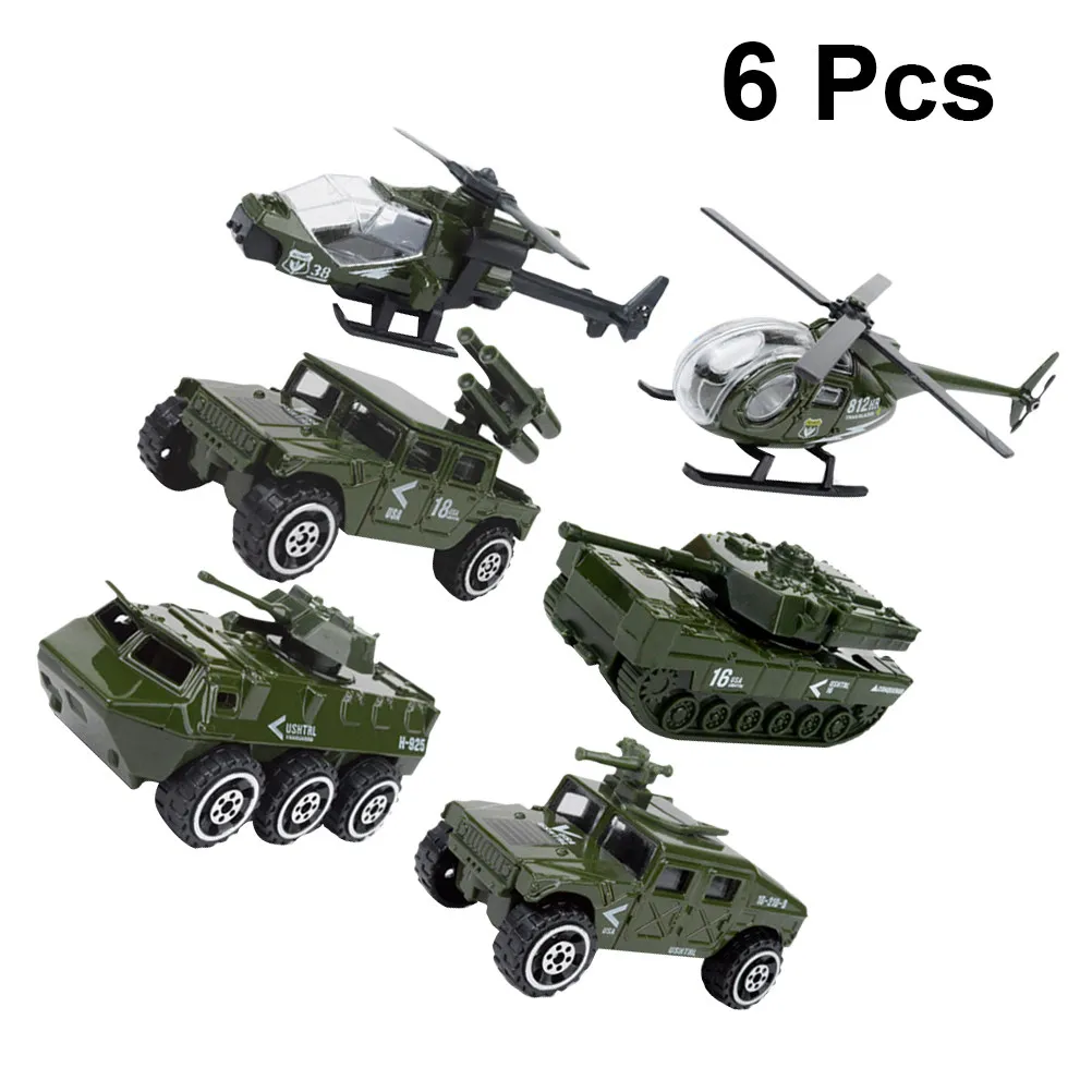 

6Pcs 1:87 Alloy Sliding Military Vehicle Set Realistic Tank Armored Car Helicopter Mini Diecast Collection Decor Gift for Kids