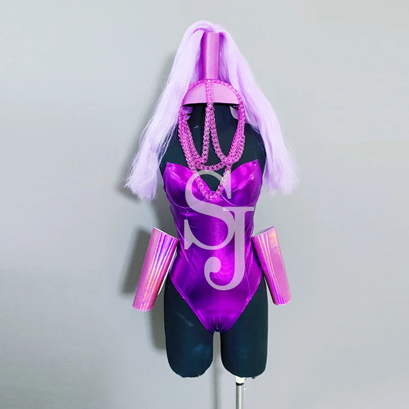 

Party Laser Purple Sexy Bodysuit Headgear Singer Performance Stage Wear Nightclub Gogo Dancer Outfit Drag Queen Clothes