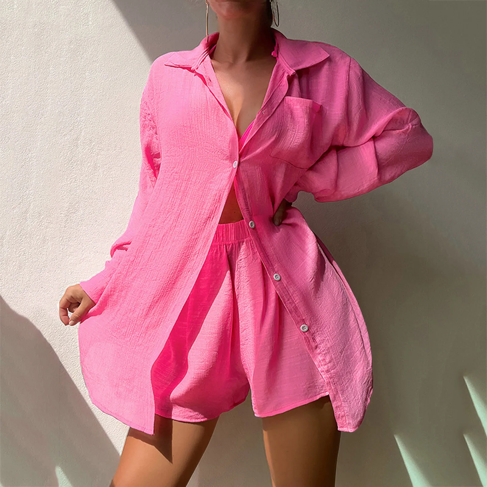 Fashion Long Sleeve Lapel Button Shirt and Shorts Sets Women Casual Solid 2 Piece Loose Beach Swimsuit Sun Protection Suits