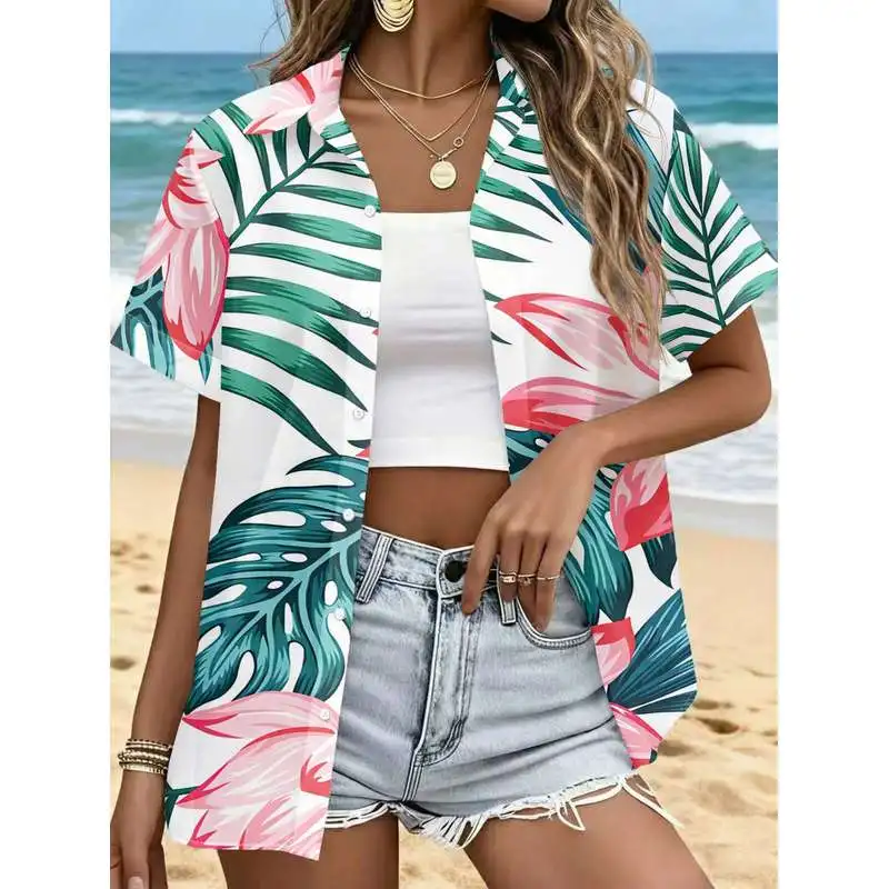 Women Casual Short Sleeve Shirt Pink Summer Flowers Green Tropical Leaves South Sea Style Pattern Button Up Top Machine Washable