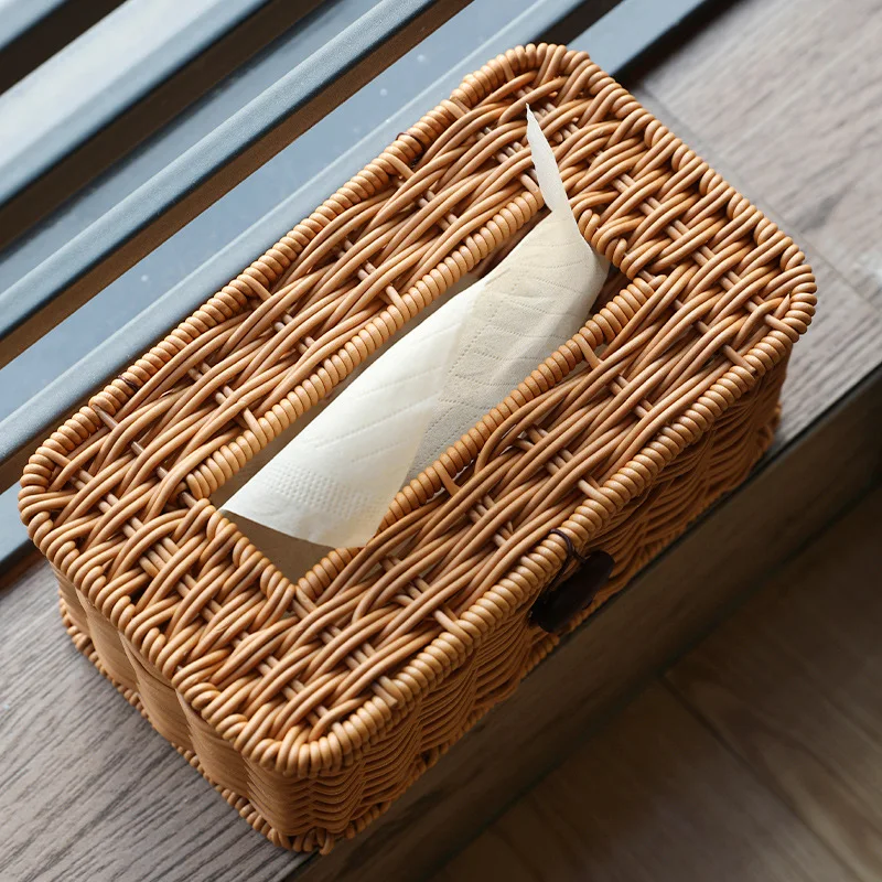 Tissue Box Cover Rectangle Imitation Ratten Woven Tissue Holder Rustic Decorative Cover for Home Office Table Bedroom Dresser