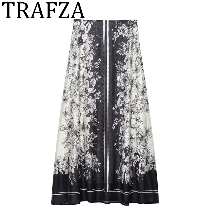 

TRAFZA 2025 Women Skirts Summer Print Voluminous Long Skirts High Waist A-line Zipper Skirts Maxi for Woman Floral Casual boho