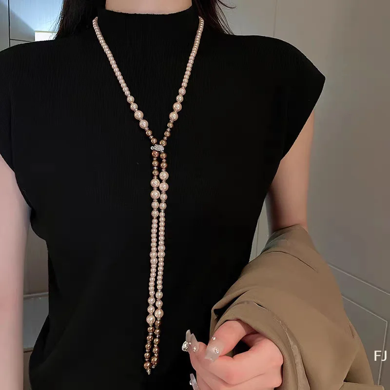 [YU]Double Layers Simulated Pearl Jewelry Long Necklace Women Classic Beads Chain Necklaces & Pendants Fine Gift