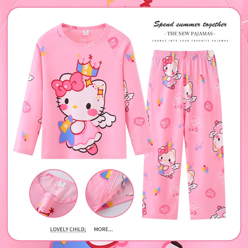 Sanurgente-Pyjama pour enfants, pyjamas, vêtements de maison, ensemble de pyjamas en coton fin à manches longues et col rond, cadeau de dessin animé Hello Kitty