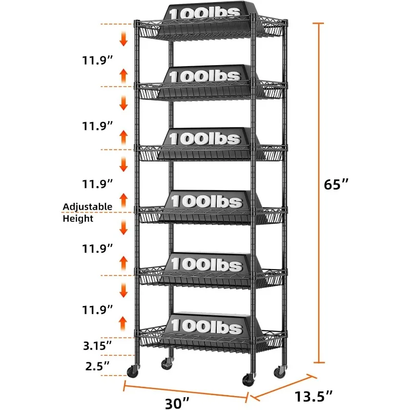 6 Tier Basket Shelf Wire Shelving Unit Adjustable Storage Shelving,Big Basket Rack Garage Kitchen Office Pantry30”Wx13.5”Dx65”H