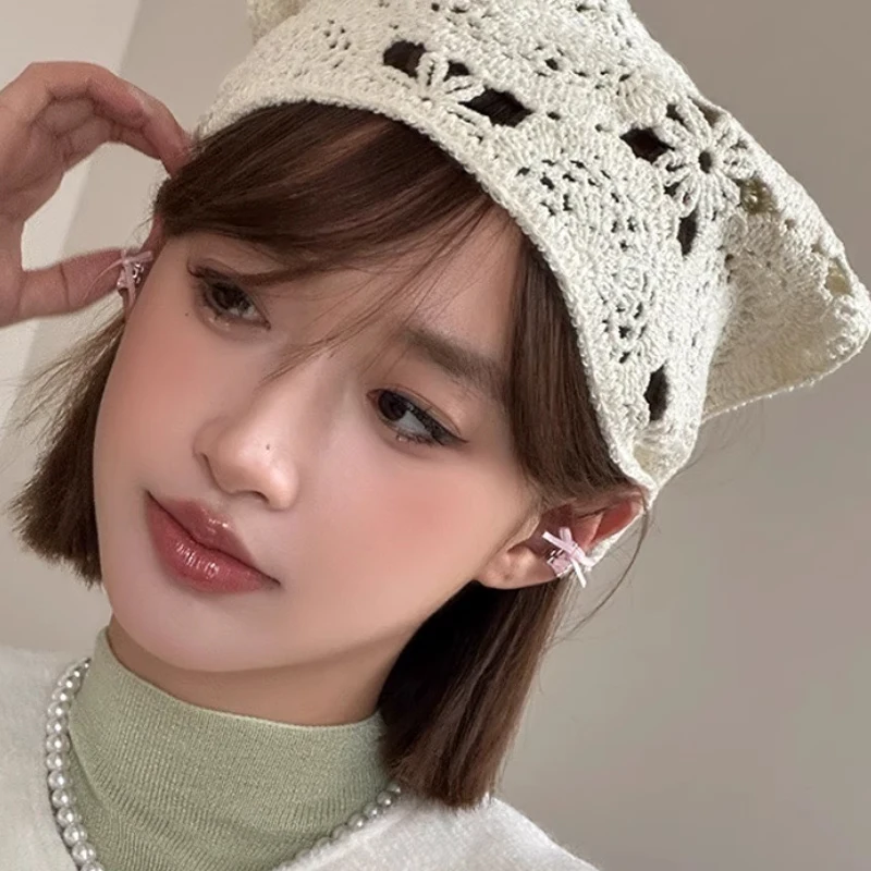 

French Vintage Style Rustic Empty Flower Edge Headband Knit Handmade Small Flower Triangle Scarf Sweet Head Accessories