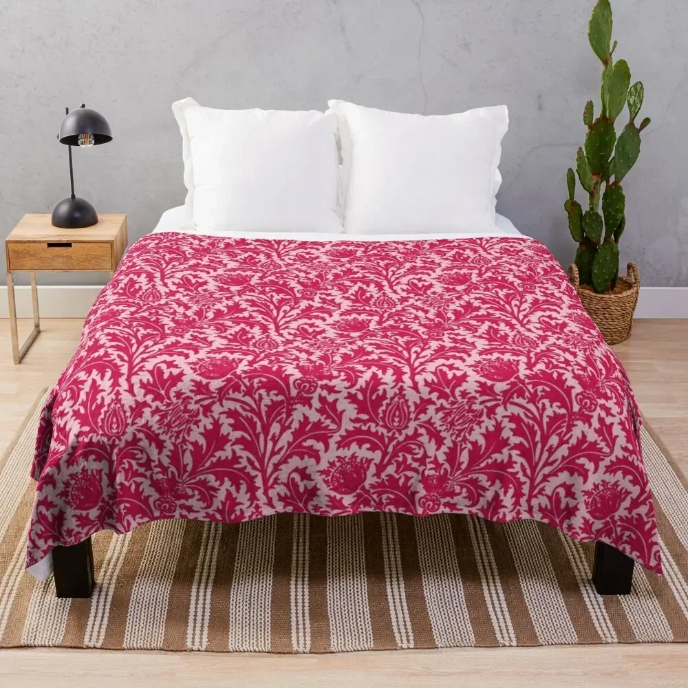 

William Morris Thistle Damask, Fuchsia Pink Throw Blanket Camping Soft Beds Quilt Flannel Fabric Blankets