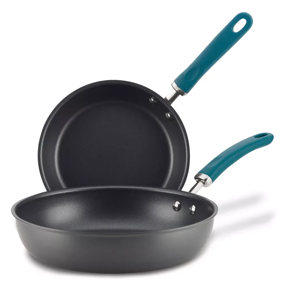 2pc Hard Anodized Aluminum Frying Pan Set Teal Handles