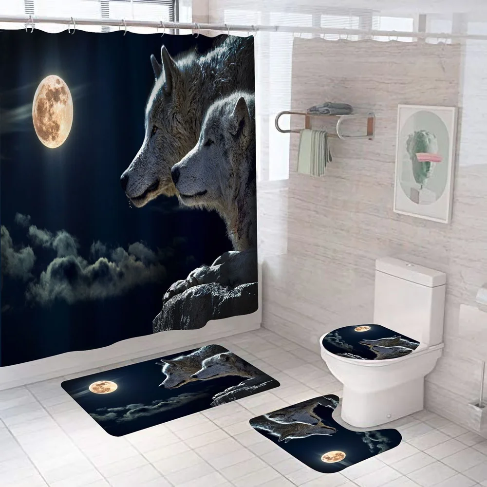 Wildlife Gray Wolves Shower Curtain Set With Rug Art Black White Wolf Bath Curtains Non-Slip Bathroom Decor Mat Toilet Lid Cover