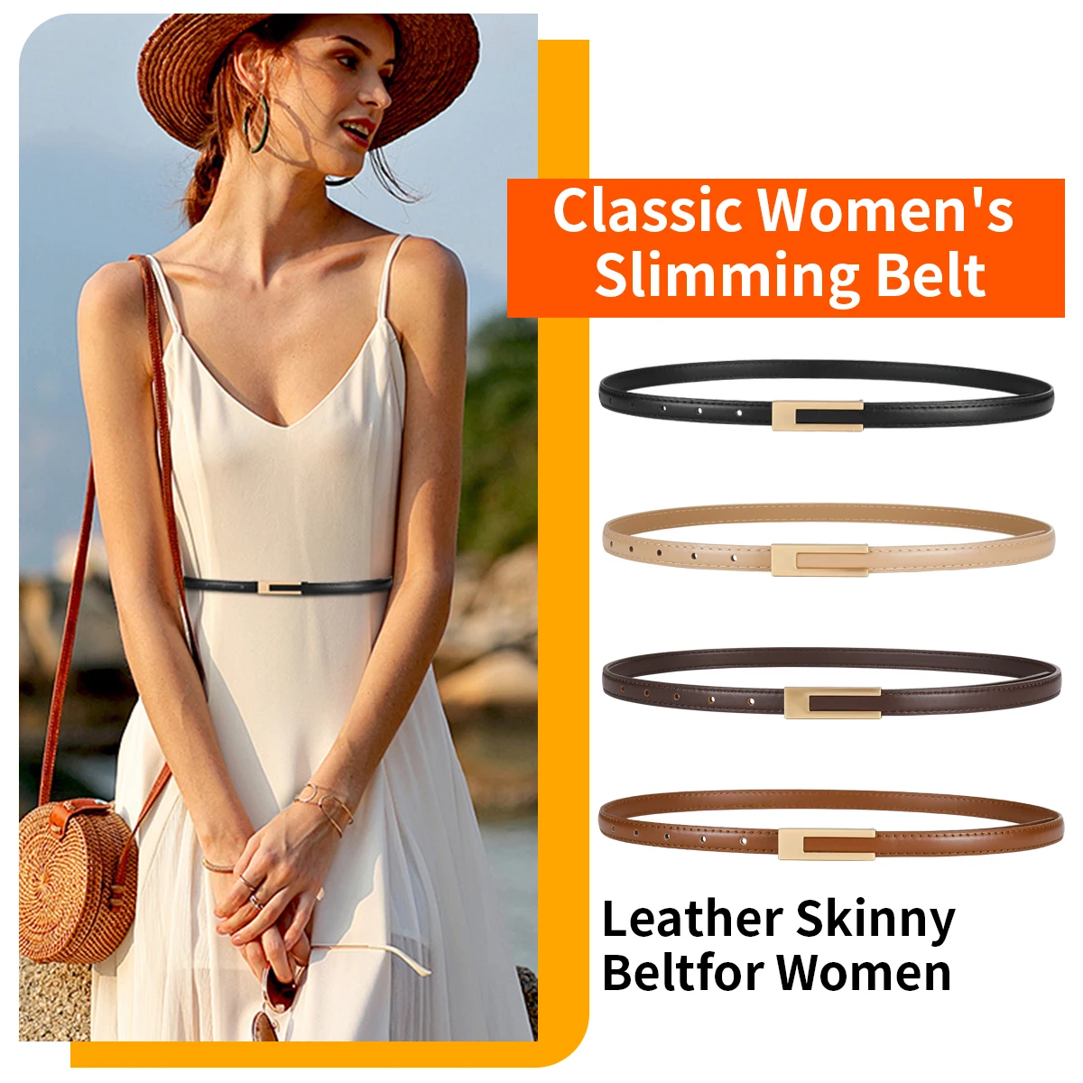 

Женский ремень узкого кроя, 4 цвета, золотистая прямоугольная гладкая пряжка, простой и элегантный стиль, подходит для офиса и поездок на работу.