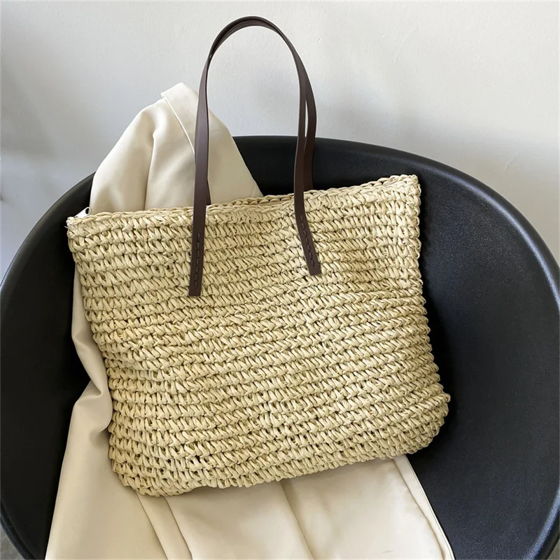 Luxury Design Straw Woven Tote Bags Summer Casual Large Capacity Handbags New Fashion Beach Women Shoulder Simple Style Shopping