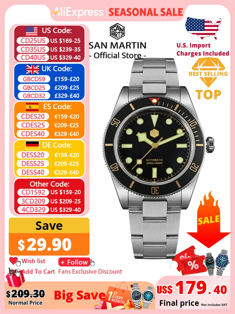 

San Martin New 40mm BB58 Retro Luxury Diver Watch NH35 Automatic Mechanical Watches For Men Sapphire Luminous 20Bar Reloj SN0008