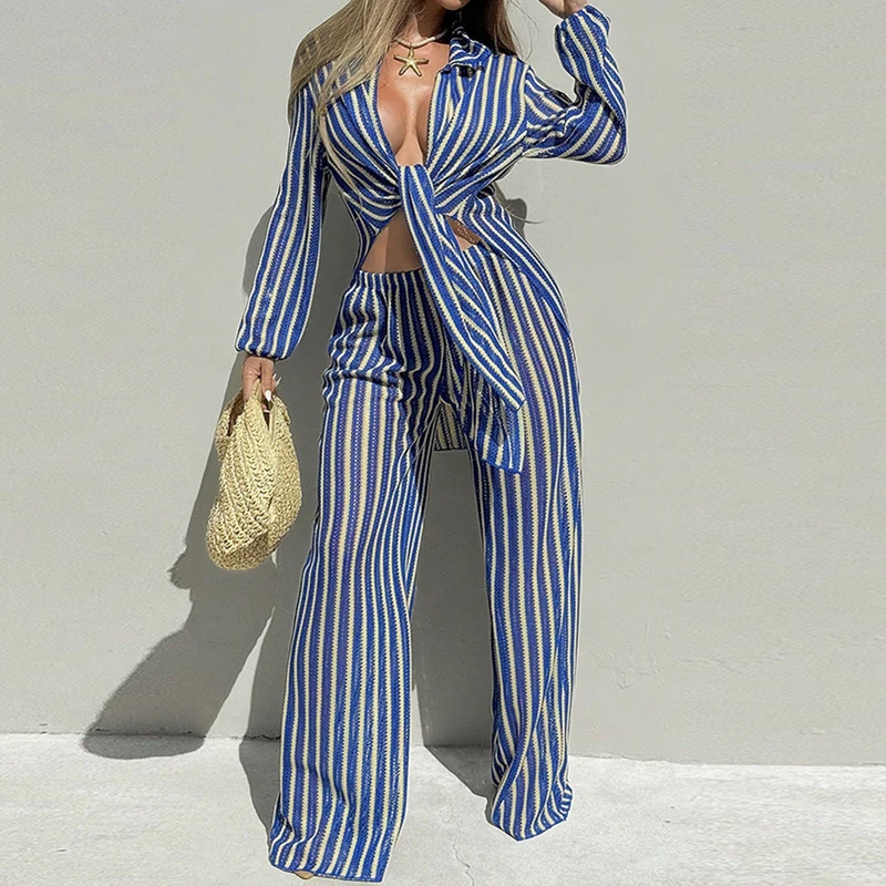 Fashion Lapel Strap Hollow Out Suit Casual Striped Long Sleeved Beach Vacation Outfit Unique Irregular Shirt+Pants Two Piece Set
