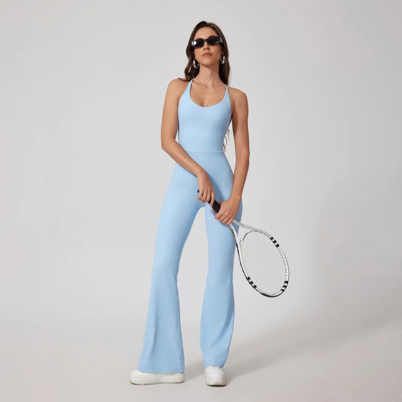 ヨーロッパとアメリカのスタイルのベアリーザリーリブ編みホローアウトバックタイトヨガボディスーツワンピーススーツヒップリフトスポーツフィットネスボディ