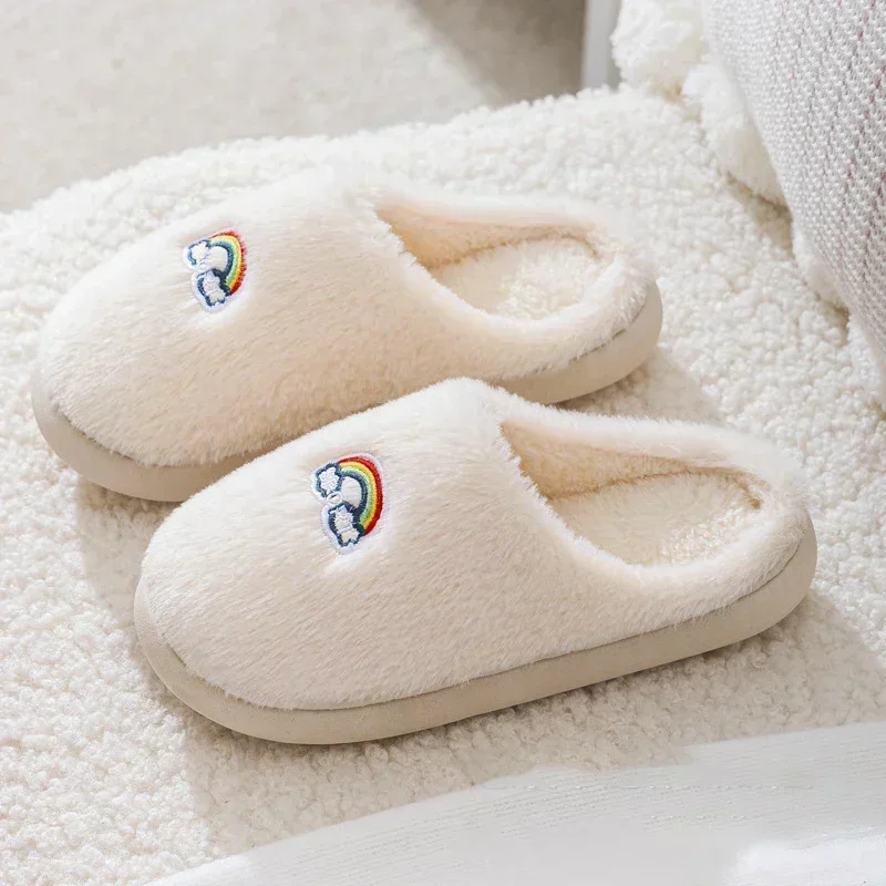 Winter Fleece Slippers Cute Rainbow Warm Anti-slip Home Cotton Shoes Comfortable and soft Platform Thick bottom Couple Slippers