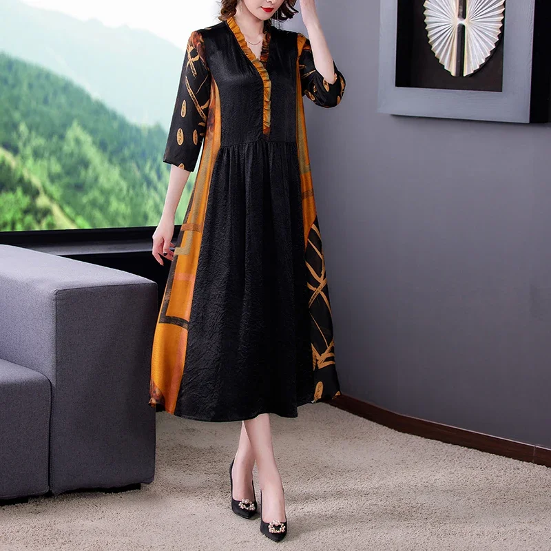 2025 Spring Summer Print Natural Silk Dress Women Elegant Bodycon Party Evening Vestidos Boho Vintage Loose Midi Dresses