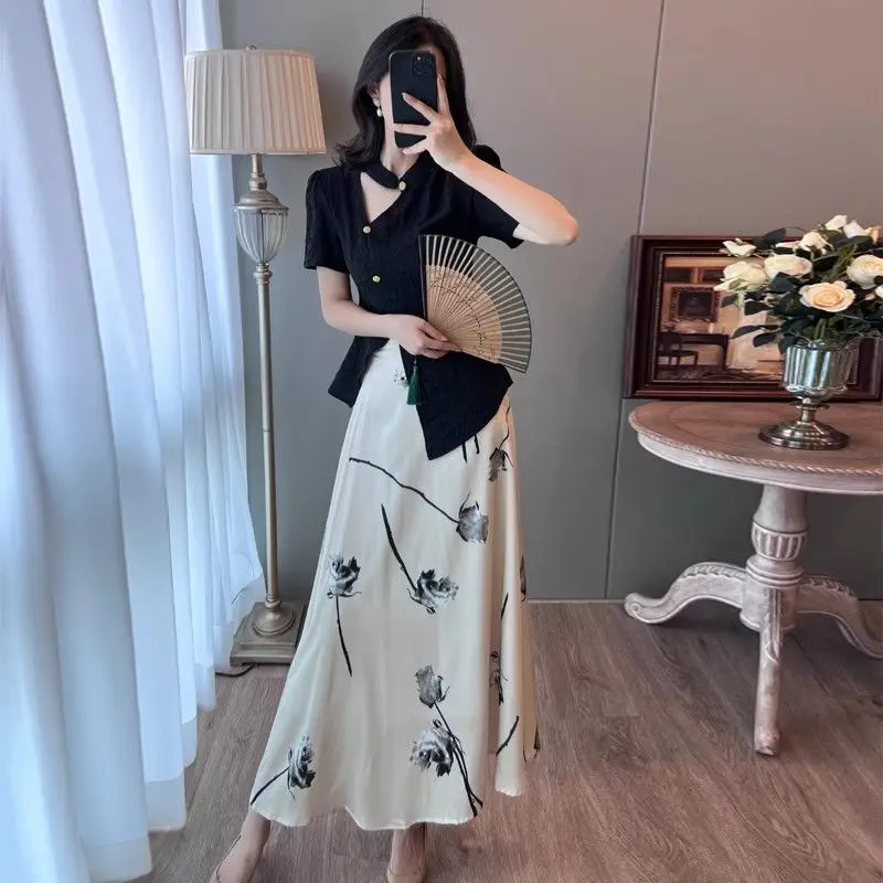 

Short Sleeve Female Outfits Korea Full Chic and Elegant Vacation 2025 Jacket Festival Chinese Style Women's Two Skirt Piece Set