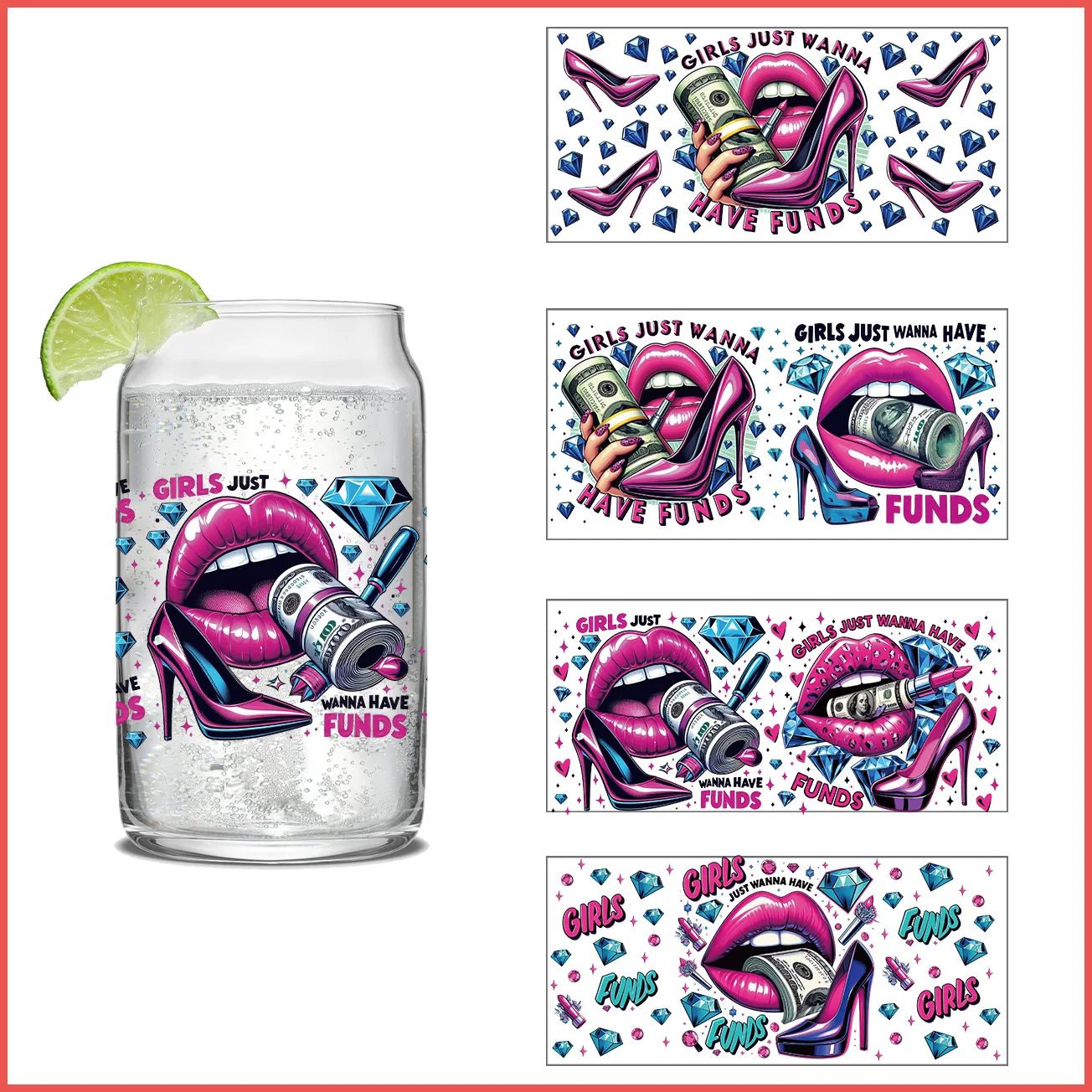 Elegant High Heel Lips Design UV DTF 3D Crystal Stickers DIY Gift Girl Funds 3D Cup Wrap Decals For 16oz Libbey Glass