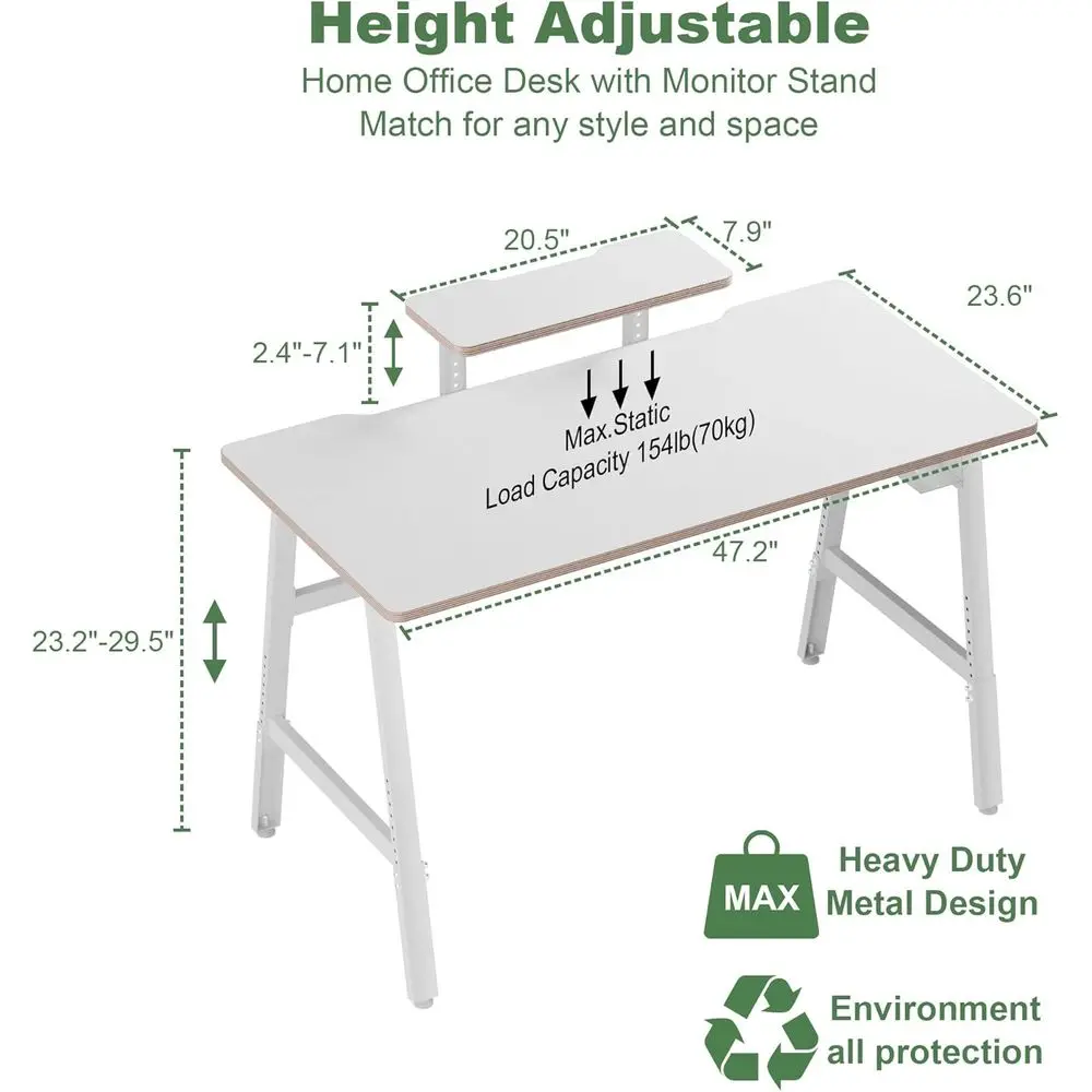 Modern 47 Height-Adjustable Desk for Gaming and Home Office, White Metal Frame, with Monitor Stand