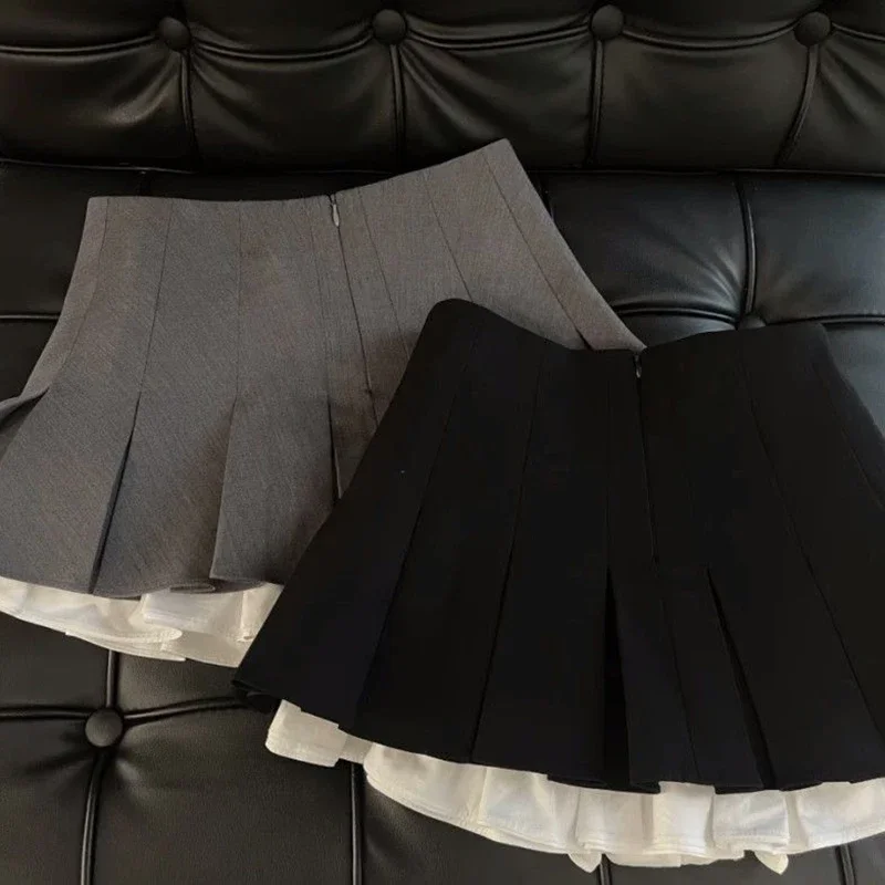 Y2K Ruffles Black Mini Skirt Women Korean Patchwork Pleated Skirts Japanese Kawaii High Waist All Match A Line Skirt New