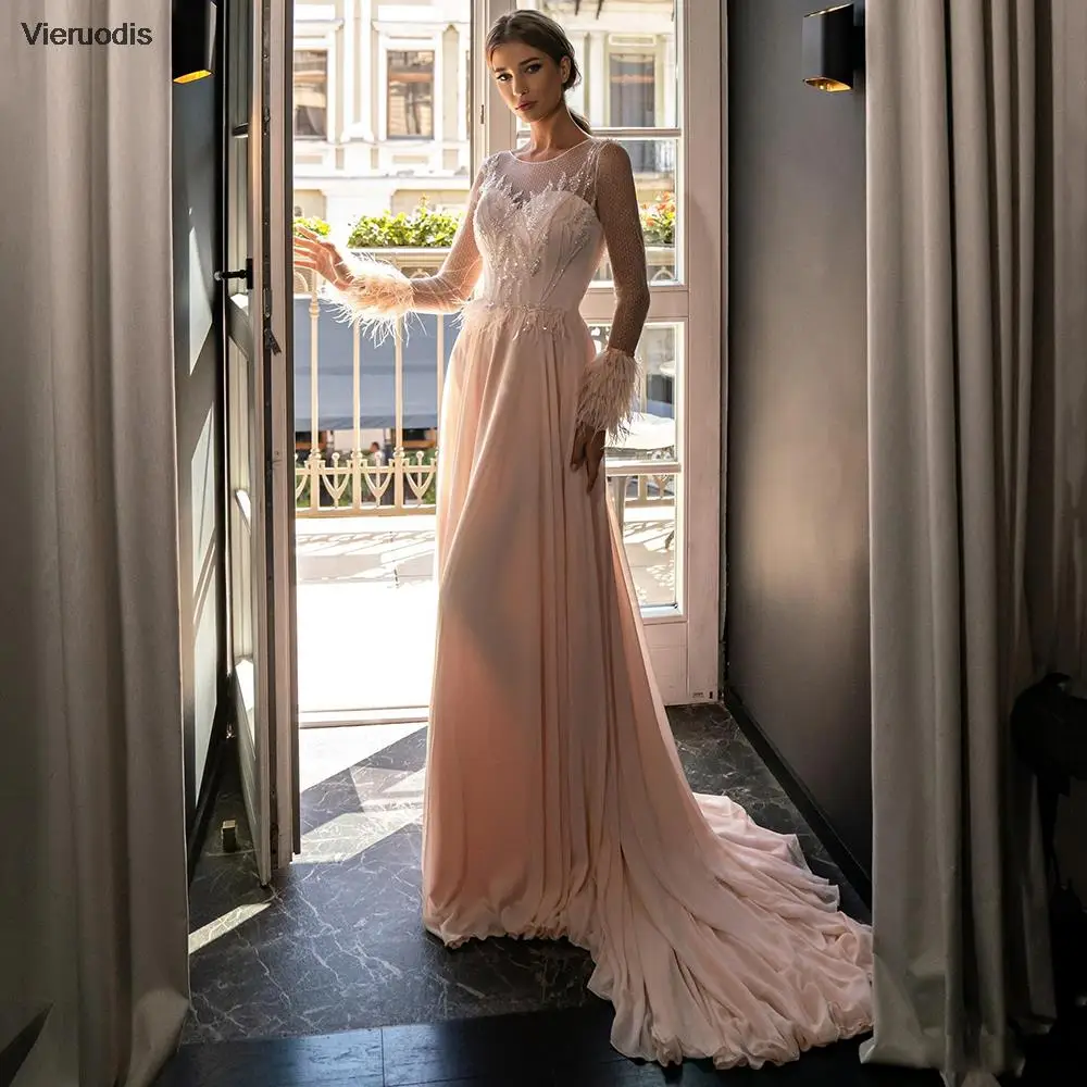 

Элегантное вечернее платье трапециевидной формы с круглым вырезом и длинными рукавами, шифоновое платье с перьями и бисером, горячая распродажа, вечернее платье с кружевной аппликацией