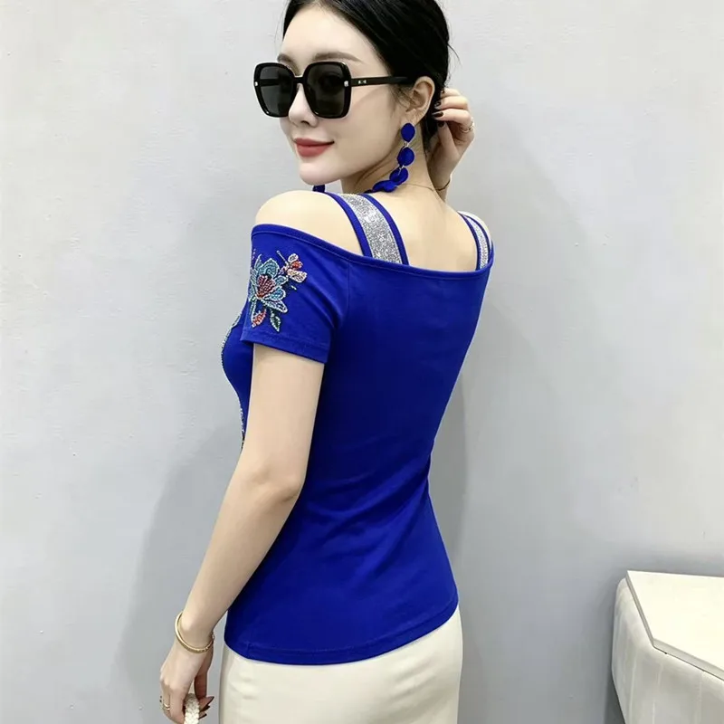 New Sexy Off Shoulder Design Mesh Women's T-shirt Summer Fashion Floral Diamonds Short Sleeved Tops Luxury Ladies Flower Tees Sh