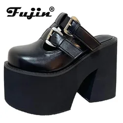 Fujin 11cm Platform Wedge Summer Sandals ROME Mary Jane Shoes Women Round Toe Slip on Genuine Leather Moccasins Slipper British