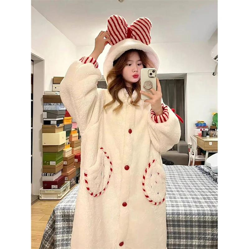 Hooded Robe Women Sleepwear Nightdress Ruffle Winter Night Wears Warm Fleece Pajama One Piece Nightgown Bow Long Sleeve Homewear