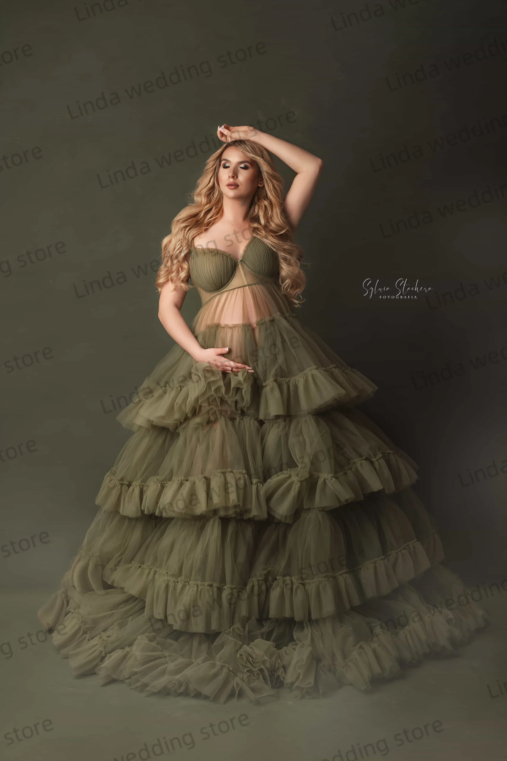 Ilusão verde vestido de maternidade para foto querida em camadas plissados vestido de baile para gravidez fenda personalizado vestidos de chá de bebê