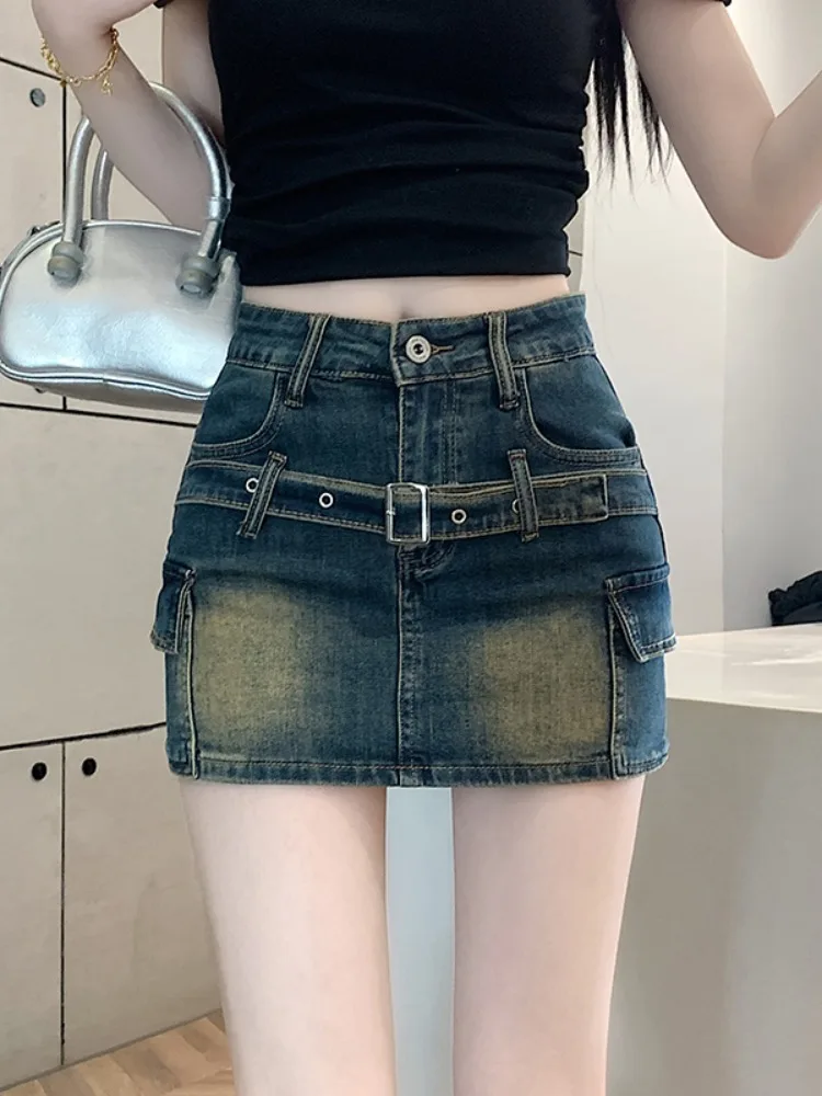 

Skirts Women Summer Sexy All-match Pockets Retro Fashion European Style Club Denim Hot Simple Tie Dye Design Streetwear A-line