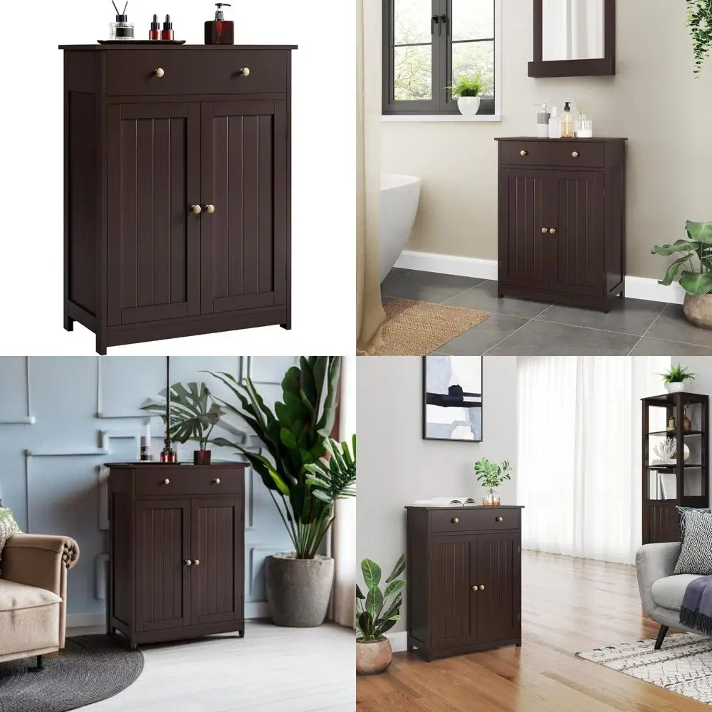 

free-standing bathroom storage cabinet with drawer and double doors, adjustable shelf organizer for living space