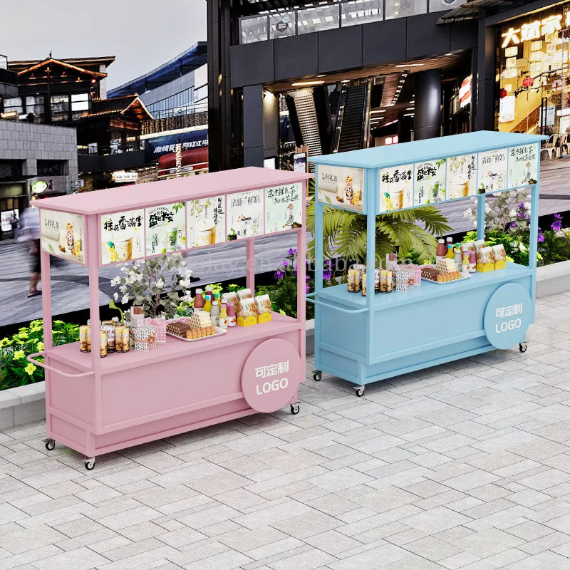 custom.Outdoor Mobile Confectionery Cart Selling Fast Food Cart With Wheels Sweets Coffee Milk Snack Cart