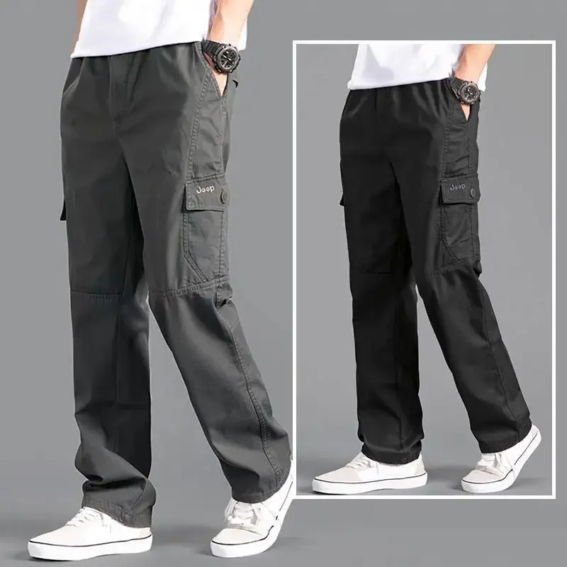 

New Cargo Pants Men's Loose Large Size Straight Multi-pocket Solid Khaki Versatile Work Wear Jogger Cotton Casual Male Trousers