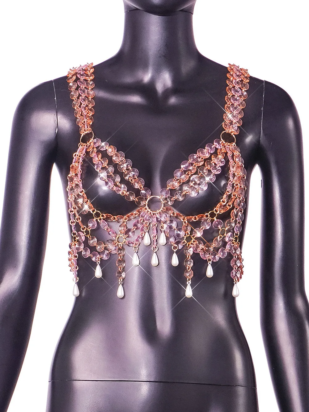 Sexy Gem Chic Body Chain Top Strapless para Mulheres, Pingente Pérola, Gota de Água, Sutiã Peito de Cristal, Bikini Sling Vest Jewelry