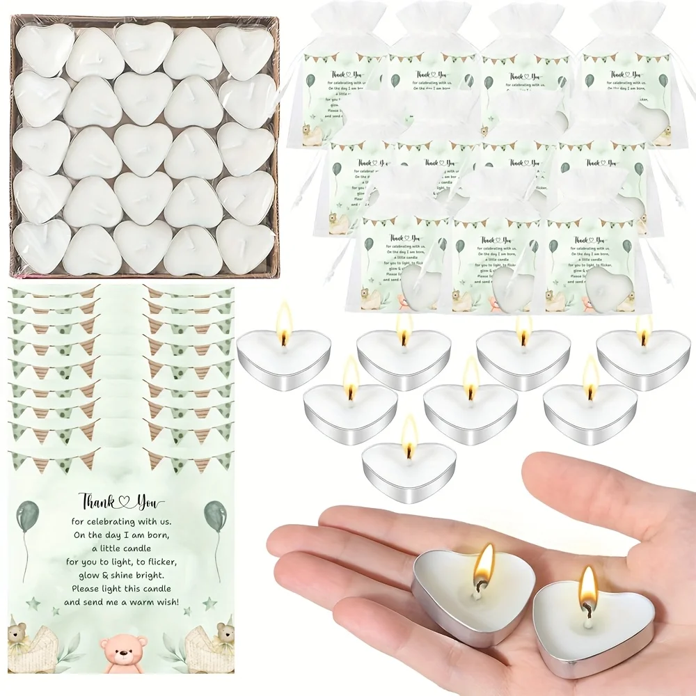 50 مجموعة من شموع استحمام الطفل، شموع قلب صغيرة لطيفة مع بطاقات وحقائب هدايا للكشف عن الجنس، ديكور الحفلات