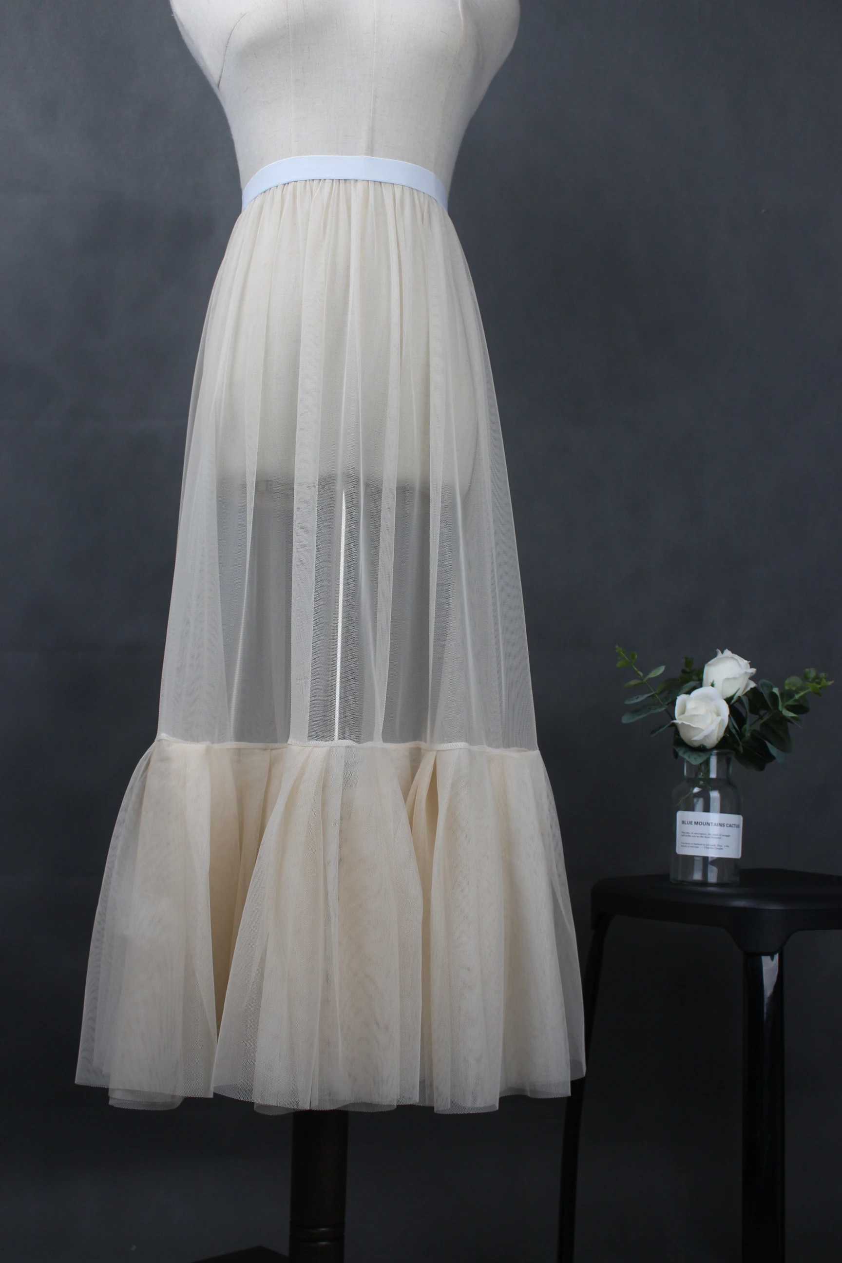 Korean Style See Through Mesh Trumpet Hem Skirt Women Spring Summer Elastic High Waist Petticoat Underskirt Cover Up Tulle Skirt