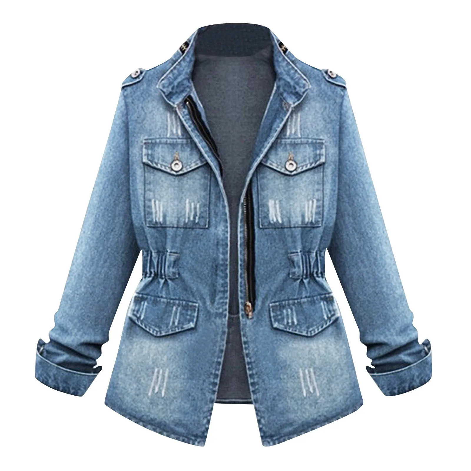 Denim Jacket Womens Casual Solid Casual Oversize Autumn Ladies Slim Jeans Chain Jacket Pocket Coat 2023 Plus Size